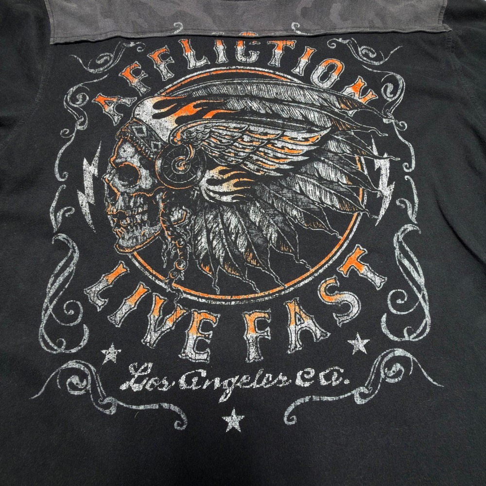 Affliction Live Fast Double Sided Skull Native Headdress Long Sleeve Shirt Large
